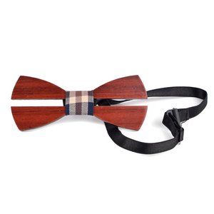 Men's Wooden Bow Tie, Brown Plaid Fabric Center